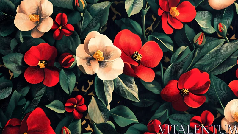 Red and Cream Floral Pattern with Lush Botanical Garden