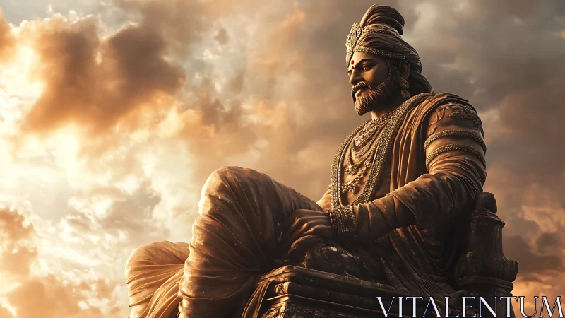 Golden sunset over regal statue of serene seated king.