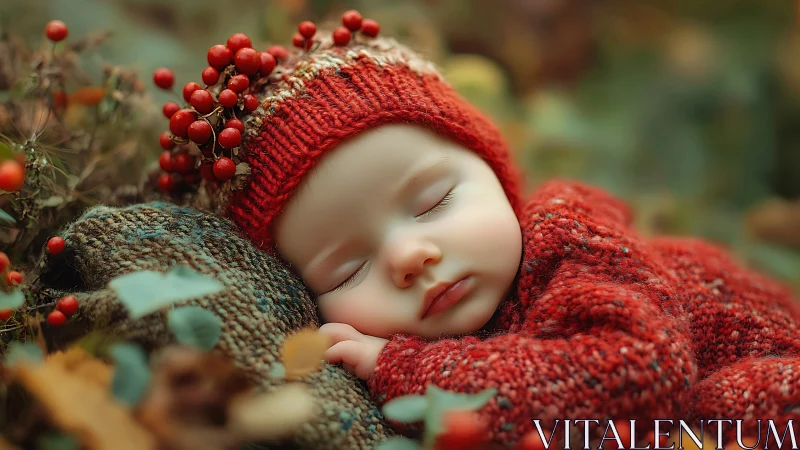 Macro portrait of infant in red knitwear within autumn field.