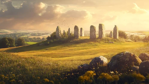 Sunlit megalithic stone circle on pastoral summer hillside