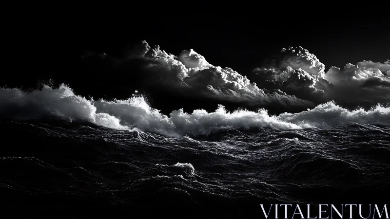 Monochrome seascape depicts turbulent waves under dense clouds