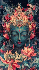 Layered serene Buddha amid cascading lotus mandalas.
