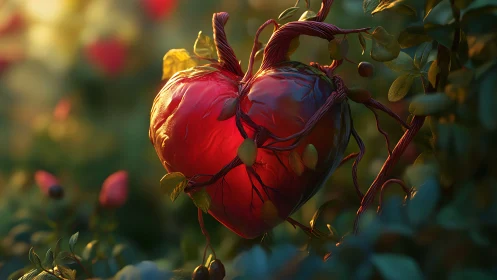 Luminous Pomegranate Heart Suspended in Golden Orchard Light.