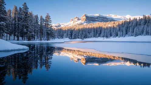 Snow covered conifer forest and mountain reflected in lake.