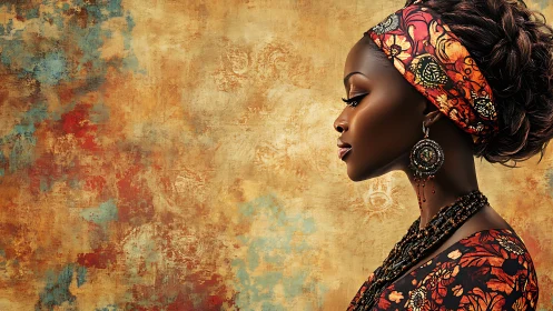Profile portrait with ornate headwrap on textured gold field.
