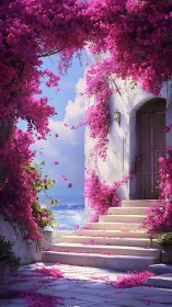 Sunlit seaside steps wrapped in drifting pink blossoms.
