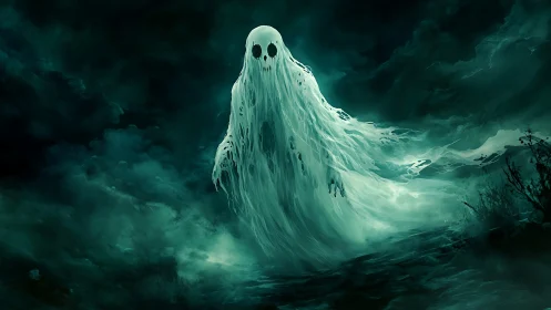 Ghostly specter drifting through dark stormy landscape.