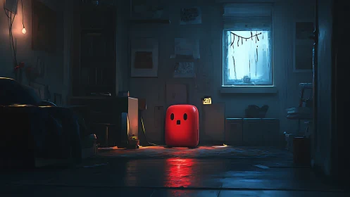 Red cubic robot glows in moody blue-lit bedroom interior