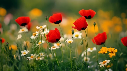 Scarlet Poppies Dancing Among Golden Companions.