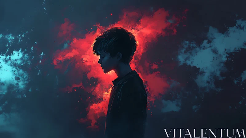 Silhouetted dreamer adrift between ember storm and teal void.