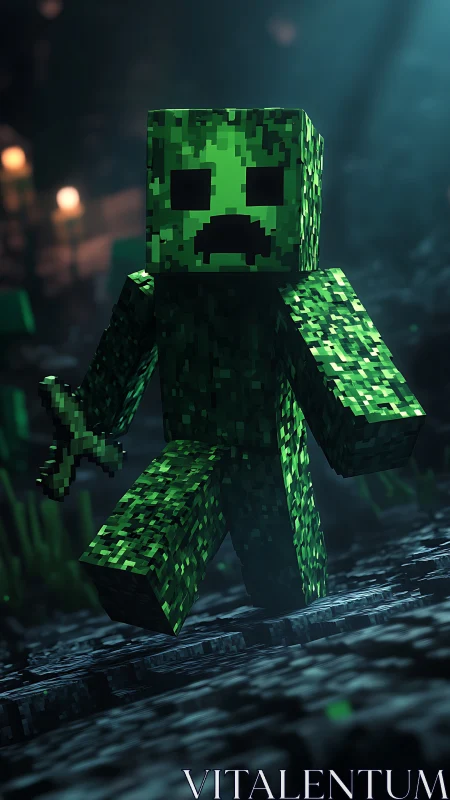 Pixelated cave creeper stalking through moody teal shadows.