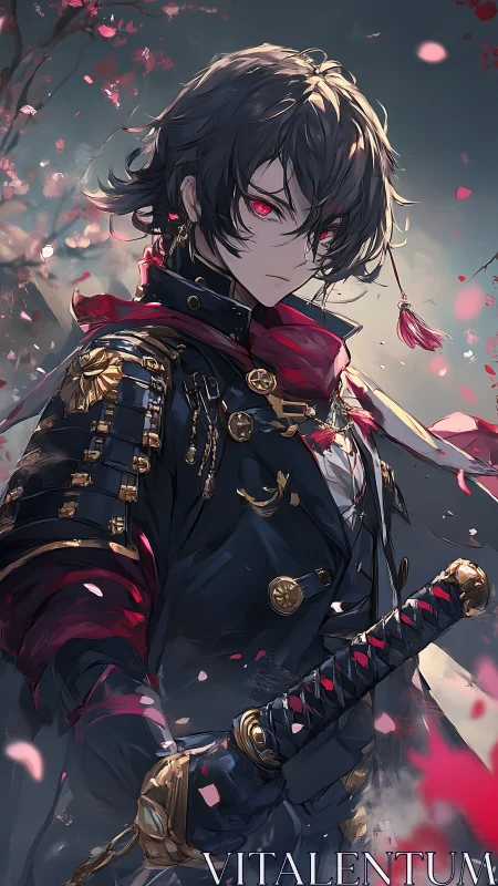 Anime samurai portrait with crimson accents and petals.