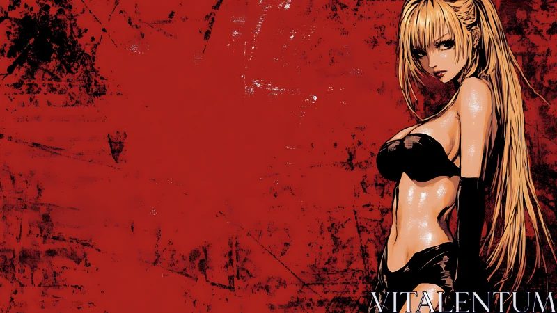 Edgy anime heroine against distressed crimson wall.