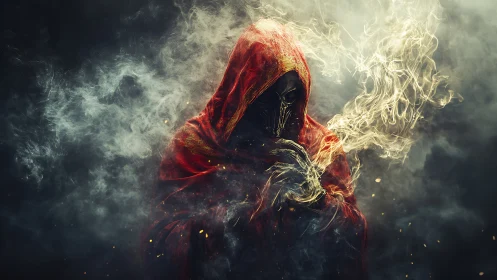 Hooded ember oracle wrapped in smoke and silent omens.
