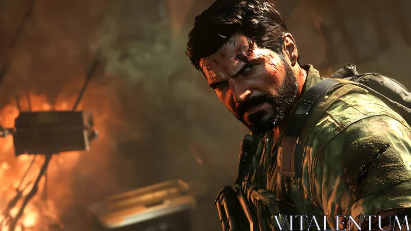 Battle-hardened soldier stands against burning warzone backdrop