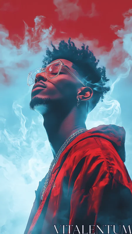 Stylized portrait in red jacket against smoky backdrop.