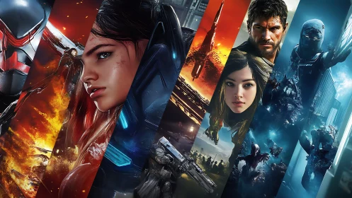 Segmented sci fi character montage in contrasting color bands.