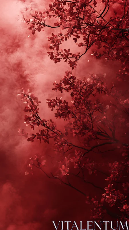 Crimson blossoms drift through ethereal swirling fogscape.
