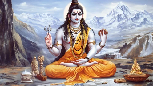 Devotional Shiva portrait with Himalayan landscape and ritual objects
