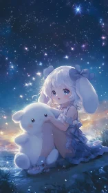 Starry night cuddles with a bunny-eared girl and plush friend.