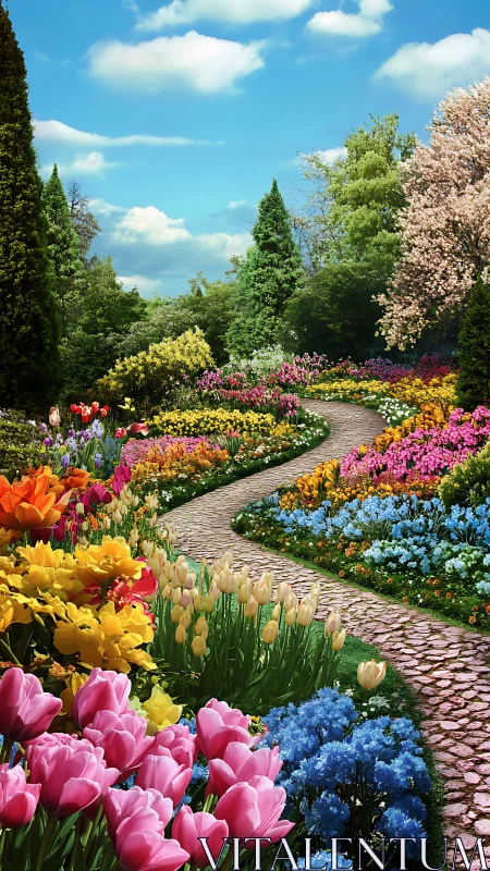 Curving cobblestone path through dense multicolored spring garden