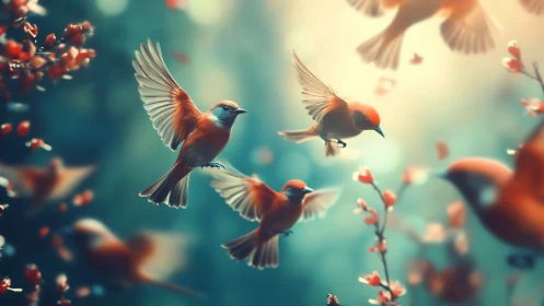 Orange songbirds in soft-focus spring forest light scene.