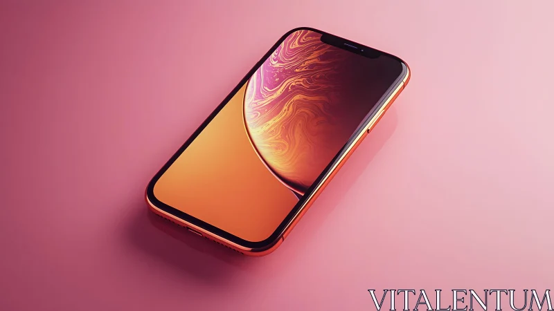Modern orange smartphone on pink background with vibrant lighting.