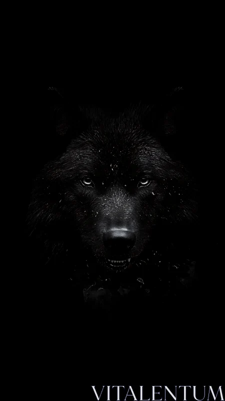 Monochrome black wolf portrait in dramatic low key lighting.