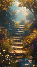 Sunlit stone steps rising through dense wildflower garden.