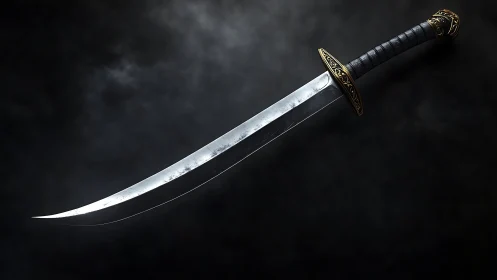 Curved steel sword gleams softly against a smoky dark sky