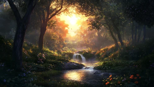 Sunlit forest stream passes through layered vegetation and mist