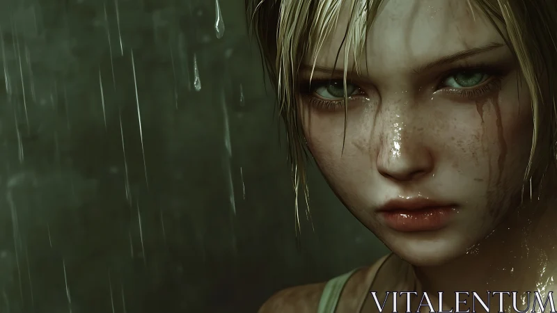 Rain-soaked heroine stares forward with fierce resolve