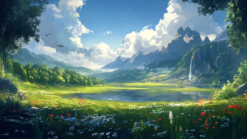 Sunlit alpine valley lake with wildflower meadow panorama