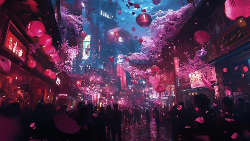 Cyberpunk cherry blossom arcade with neon lantern canopies.