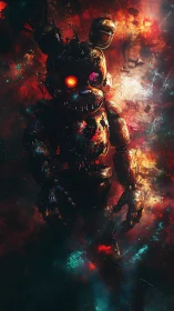 Burned animatronic stalks through infernal neon smoke.