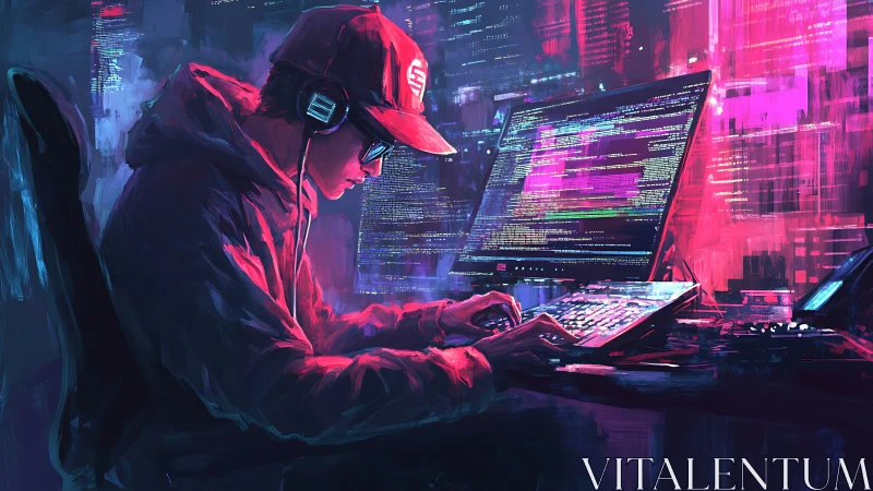Focused coder works in neon-lit cyber workspace at night