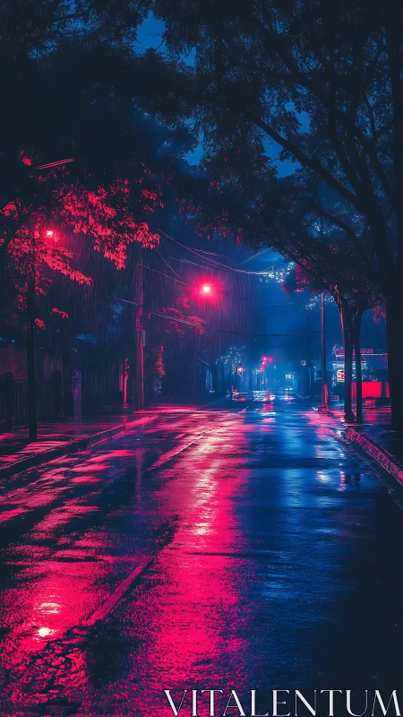 Neon rain street glows under saturated magenta blue lights.
