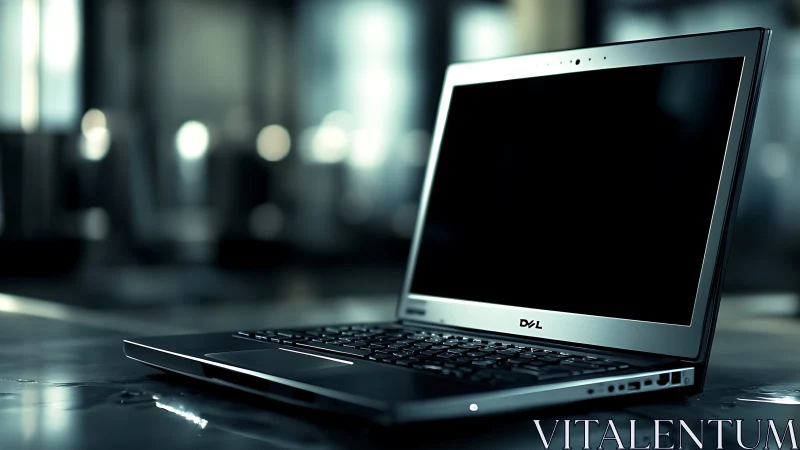 Slim silver business laptop on reflective office desk surface