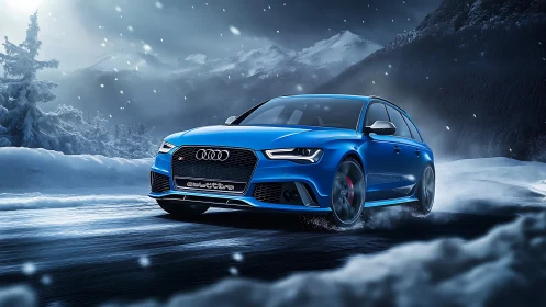 Electric blue performance wagon gliding through alpine snowstorm.