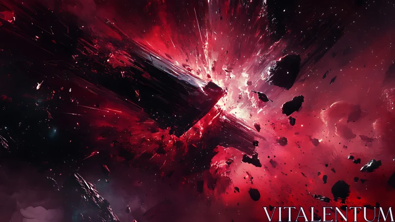 Shattered asteroid drifts through a violent crimson nebula