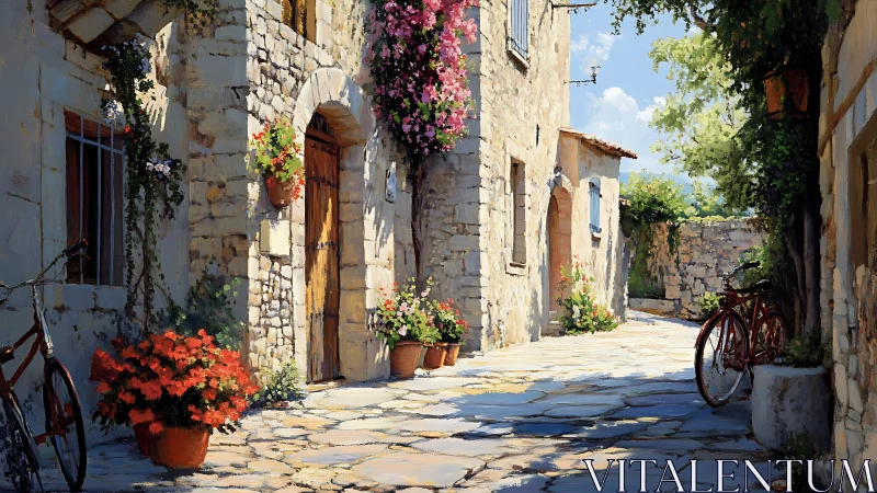 Sunlit stone alley with flowers and bicycles in village.