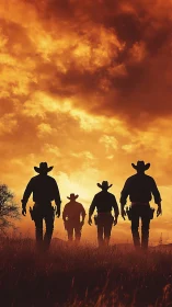 Cowboy silhouettes crossing fiery sunset prairie horizon.