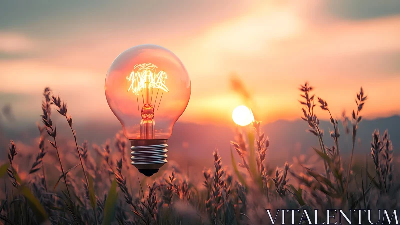 Sunlit glass bulb glowing over dreamy wheat meadow.