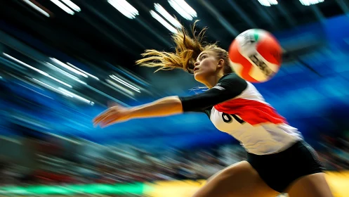 Young volleyball player dives into a dramatic, determined save.