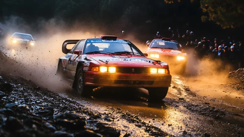 Group B-style rally cars cornering hard on wet gravel stage