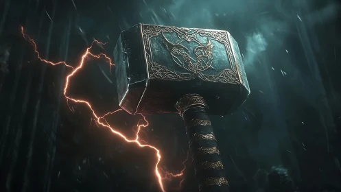 Hammer with carved metal head suspended amid lightning arcs