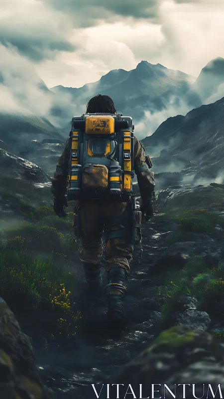 Solitary sci-fi trekker crossing misty volcanic highlands.