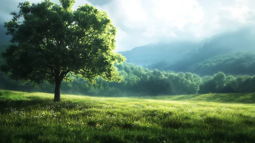 Sunlit meadow invites quiet rest beneath a graceful tree