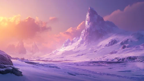 Luminous snow peaks under pastel sunset sky panorama.