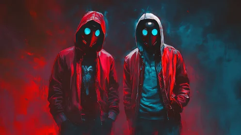 Hooded duo with glowing masks in a moody neon haze.